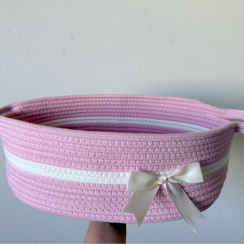Pink and White Woven Basket with Ribbon